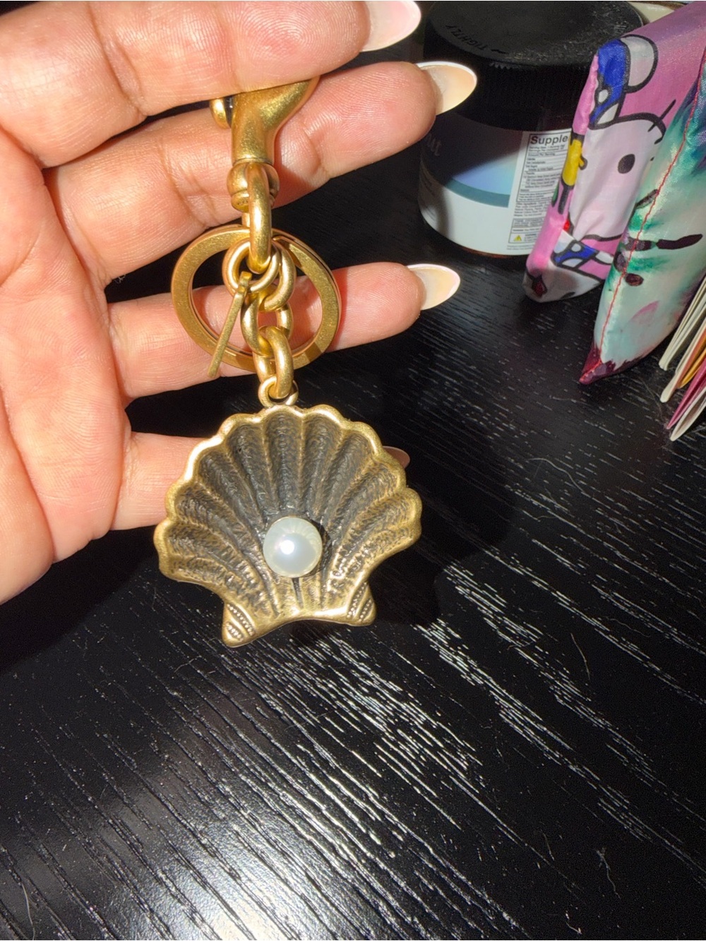 Coach Chalk Multi Shell Keychain with Faux Pearl